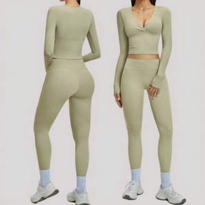 Ensemble de yoga 2 pièces pour femme : haut court à manches longues froncé col en V et leggings taille haute longueur intégrale - Product Image 1