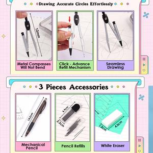 Foska fournitures scolaires règles gomme crayon plomb recharges boussole 8 pièces géométrie ensemble avec 2 couches incassable boîte de rangement emballage - Product Image 3