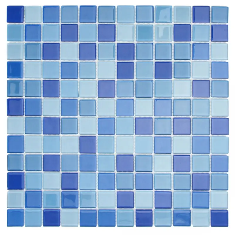 Best Quality square mix blue smooth finish decorative crystal swimming pool glass mosaic tile