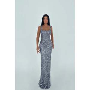 Vestido de Noche Largo Eyyo Gris con Tirantes, Estilo A-Line, para Fiesta Formal, Boda, con Detalles de Lentejuelas y Flores, Talla XS - Product Image 1