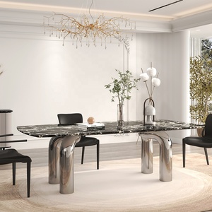 Table à Dîner Rectangulaire en Bois Massif à Hauteur Standard ou Table Fixe à Dîner en Marbre Onyx avec Pieds en Double Arc - Product Image 4