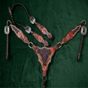 Conjunto de cabezada y pechera de cuero occidental para caballos, equipo ecuestre duradero con adornos decorativos y correas ajustables. - Product Image 6