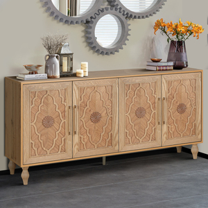 Carved Flower Door Large Storage Cabinet Natural <b>Wood</b> Metal Handle Living Room Kitchen Entryway - Product Image 1