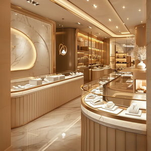 Boutique de bijoux raffinée <span class=keywords><strong>avec</strong></span> éclairage LED, motifs incurvés écologiques, vitrines en verre <span class=keywords><strong>avec</strong></span> options personnalisables - Product Image 1