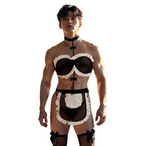 New plus-size male servant apron uniform with black bow, sexy crossdressing see-through lace-up passionate outfit, flirtatious - Product Image 5