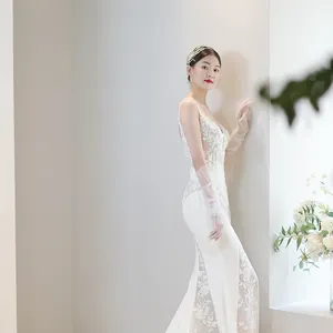 2023 Spaghetti Strap Wedding Gown Bride Vestido De Noiva White Lace Sequin Mermaid Wedding Dress