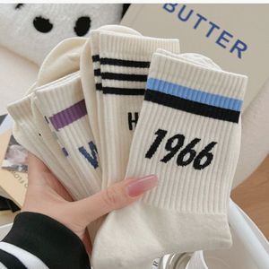 Crew <b>Socks</b> Women Mid Calf Striped 1966 Alphanumeric Script Breathable <b>Polyester</b> Fiber Casual Daily Wear Youth Size - Product Image 1