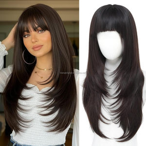 JAMBALAYA Pelucas Largas y Lisas al por Mayor con <span class=keywords><strong>Flequillo</strong></span>, Color Marrón con Reflejos Rubios, Peluca Sintética Resistente al Calor, Cabello <span class=keywords><strong>Postizo</strong></span> - Product Image 2