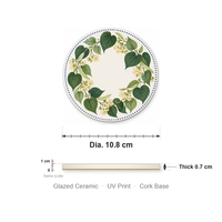 Sous-verre en céramique 10,8 cm rond motif couronne de feuilles vertes, impression UV émaillée, base en liège, pour table basse, décoration intérieure, cadeau