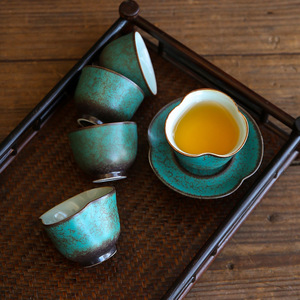 Porcelain Kung Fu Tea Set Teacup Home Kiln Baked Retro Tea Cup Fragrance-smelling Cup Spearmint Coaster Small Single Cup - Product Image 3