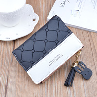 Dompet Wanita Pendek Kulit PU Anti Air dengan Ritsleting dan Penutup Hasp, Desain Patchwork Panel Trendy, Bahan Polyester