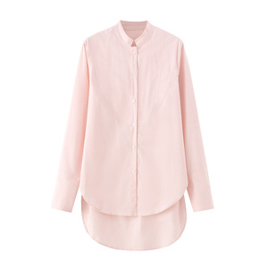 Chemise à manches longues pour femmes, col mandarin rose, boutonnée, coupe ample, couleur unie, style minimaliste, à porter en toutes saisons - Product Image 1