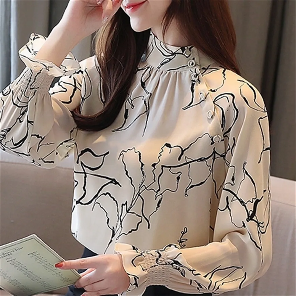 Langarm Büro Dame Frauen Blusen Hemden Weiß Blumen druck Chiffon Frauen Tops Mit Knopf Blusas Mujer De Moda B985