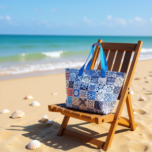 Borsa da Spiaggia in PVC Impermeabile con Stampa Digitale Stile Etnico a Quadri 61x38x25cm con Piccola Tracolla - Product Image 3