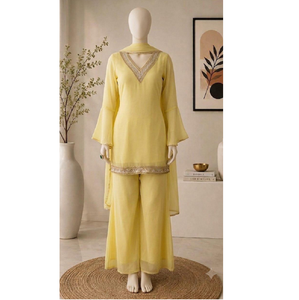 Ensemble trois pièces tendance jaune en faux georgette avec intérieur en micro-coton, haut et pantalon élégants et dupatta haut de gamme pour un look tendance - Product Image 1