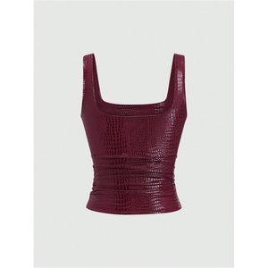 Women's Faux Leather <b>Tank</b> <b>Top</b> Cropped <b>Square</b> <b>Neck</b> Sleeveless Ruched Bodycon Translucent Clubwear Party <b>Top</b> - Product Image 2
