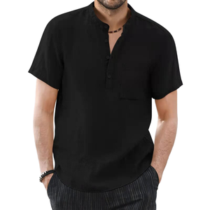 Camisa de Cuello Alto Moderna para Hombre 2026, Informal, Transfronteriza, de Poliéster/Algodón, Tejida, de Manga Corta, Color Sólido, Corte Holgado, para Verano - Product Image 1