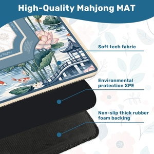 <span class=keywords><strong>Tapis</strong></span> de Mahjong style chinois avec motif Lotus Pond Koi - <span class=keywords><strong>Tapis</strong></span> de <span class=keywords><strong>jeu</strong></span> de table à bordure bleue avec étiquettes « Play Right/Walls Left » - Product Image 4