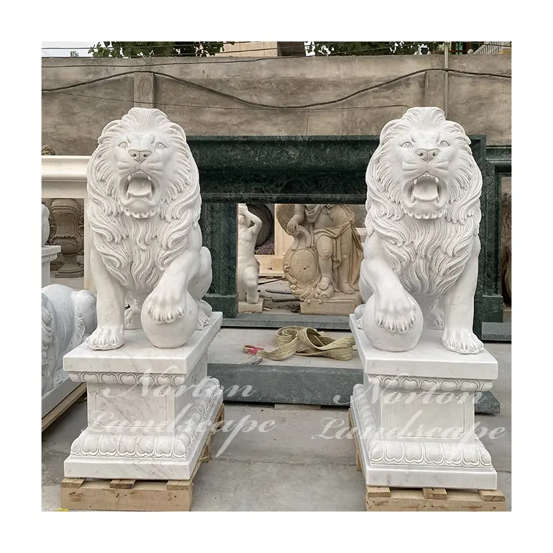 Jardín al aire libre decoración de talla de piedra, escultura Animal vida tamaño blanco estatuas de León de mármol escultura para venta