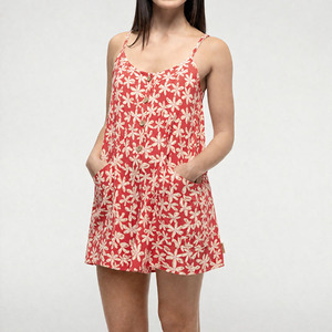 Minimum order quantity design summer-style beach print camisole <b>Romper</b> custom breathable Linen Cotton <b>Romper</b> - Product Image 3