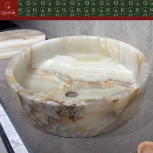 Lavabo Redondo <span class=keywords><strong>de</strong></span> <span class=keywords><strong>Ónix</strong></span> Blanco GOLDKING con Vetas Doradas Translúcidas para Proyectos <span class=keywords><strong>de</strong></span> Baños <span class=keywords><strong>de</strong></span> Lujo, Fabricación Personalizada OEM - Product Image 2