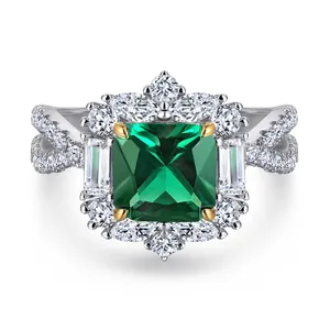 Anello Halo di lusso 7*7mm smeraldo 5A CZ pietra stabile impostazione personalizzata incidere Logo anello d'argento