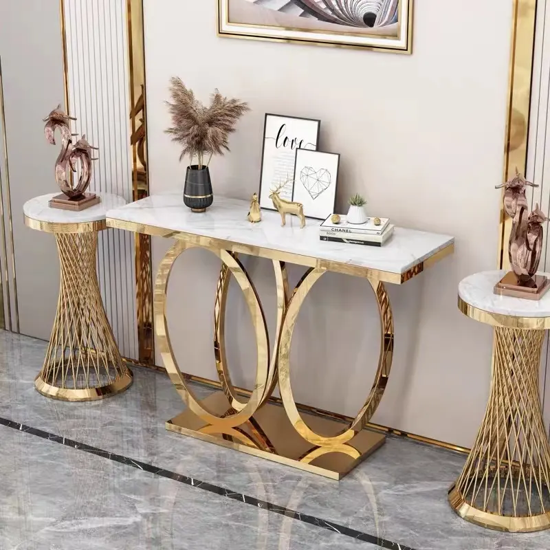 Home hotel furniture metal legs marble rock white black table top console table with side tables