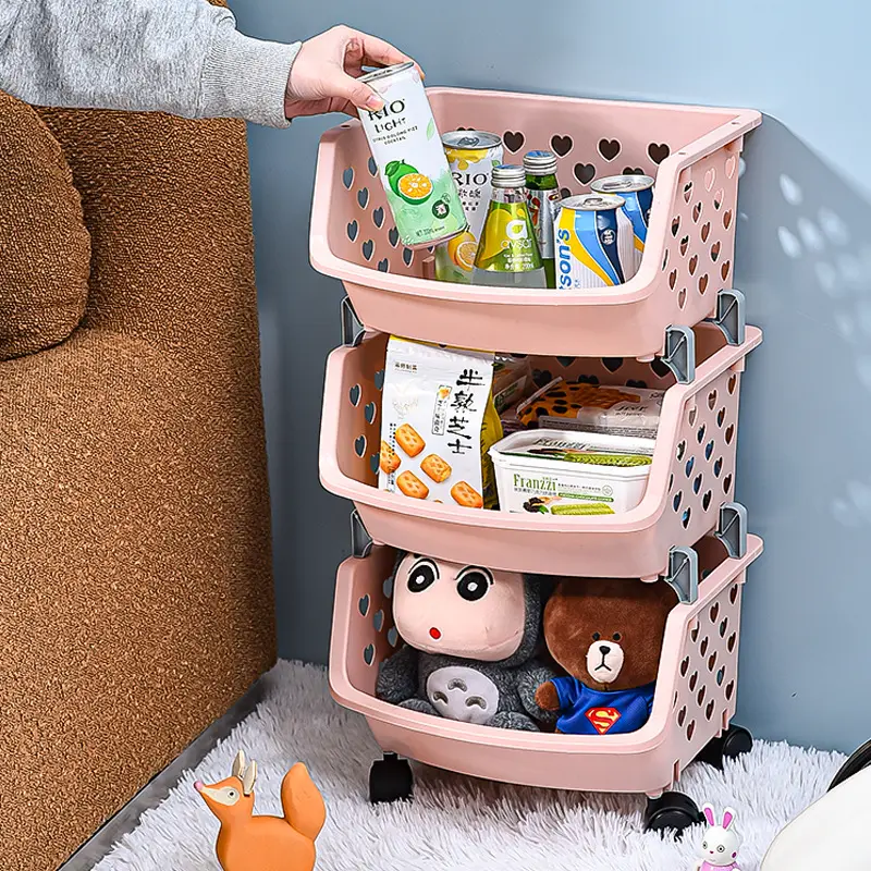 Plastic multi-layer shelf floor kitchen storage rack stacked with multifunctional toy sundries shelf