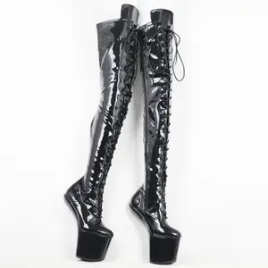 Light Hoof Heelless Med Thigh High Boots Women Over The Knee Long Tall Boots Platform Punk Women Shoes Luxury Black Size