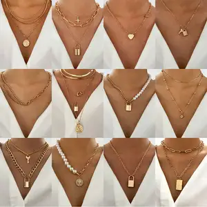 Kalung hati mutiara multilapis trendi kalung liontin Choker Boho rantai logam emas silang untuk wanita kalung berlapis Rendy Perl