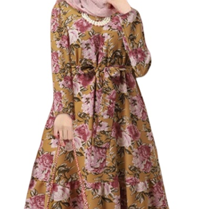 Último vestido modesto con estampado floral para mujeres musulmanas dobladillo oscilante con cinturón diseño simple Abaya estilo Dubai Jalabiya <span class=keywords><strong>Cabaya</strong></span> - Product Image 4