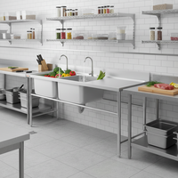Wastafel Dapur Komersial OEM 304 Stainless Steel Dua Kompartemen, Finishing Brushed, Kapasitas 4L, Kaki Dapat Disesuaikan untuk Restoran dan Bar