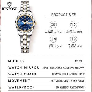 BINBOND B2521 2521, relojes de cuarzo para mujer de negocios de moda de lujo, 30M, resistente al agua, <span class=keywords><strong>semana</strong></span>, fecha, reloj de pulsera deportivo para mujer - Product Image 4