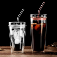 Gobelet à eau réutilisable en verre borosilicate haute résistance, à double paroi, avec couvercle en silicone et paille en verre