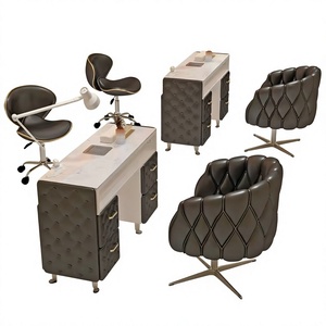 Moderno Set de Mesa de Manicura Rosa, Estación de Manicura con Superficie de Mármol, Colector de Polvo y Sillas para Salón de Belleza - Product Image 1