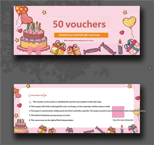 Buono Sconto Personalizzato da 50€ per Pasticceria, Design Rosa Cartone Animato per Compleanno, con Istruzioni di Utilizzo - Product Image 1