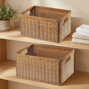 Panier de rangement en rotin rectangulaire avec poignées, panier rustique multi-usages pour l'organisation - Product Image 2