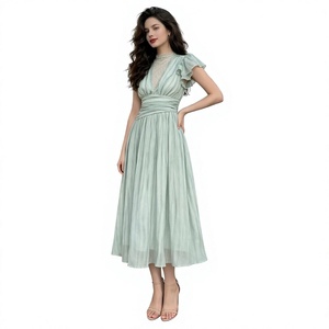Elegant <b>Mint</b> Green Tea-Length Chiffon <b>Dress</b> With Ruffle Cap Sleeves V-Neck A-Line Empire Waistline Evening Breathable Women wear - Product Image 2