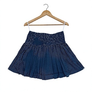 Mini-jupe en coton bleu marine à pois pour femme, taille haute élastiquée smockée, coupe évasée trapèze, courte, pour l'été - Product Image 6