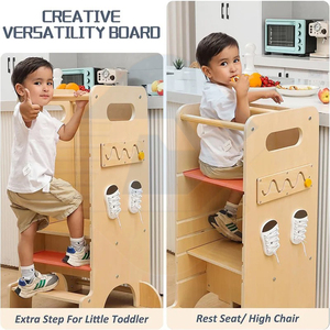 Tour d'apprentissage en bois 4-en-1 pour enfants, tabouret de cuisine pour tout-petits, marchepied d'alimentation pour bébé avec tableau noir, en bois massif - Product Image 2