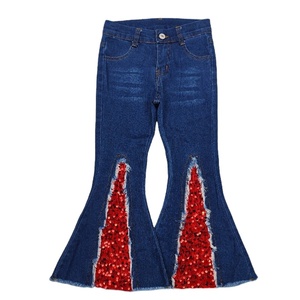 Vêtements occidentaux Petite fille Boutique Bouton cloche bleu avec paillettes rouges Jeans d'automne en denim pour enfants Vente en gros de pantalons pour tout-petits filles - Product Image 1