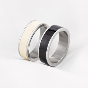 yunnique Geometric <b>Titanium</b> Steel Epoxy Resin <b>Black</b> White Enamel <b>Rings</b> Unisex Engagement Jewelry - Product Image 1