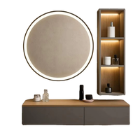 Table de toilette flottante sur mesure, directement de l'usine, avec miroir rond éclairé, bureau de maquillage en bois avec rangement