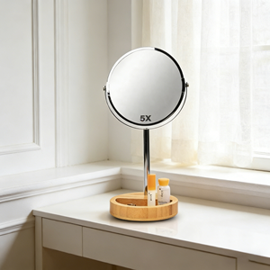 Miroir de courtoisie <span class=keywords><strong>double</strong></span> face en métal avec grossissement 5X, base de rangement en bambou, miroir de table, Espejos De Madera, Spiegel - Product Image 3