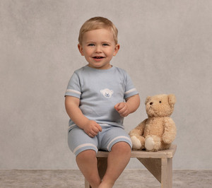 Personalizado de verano recién nacido de manga corta conjunto de punto de cuello redondo oso de peluche con botón de camisa y pantalones 2 uds bebé niños niñas traje de algodón - Product Image 3