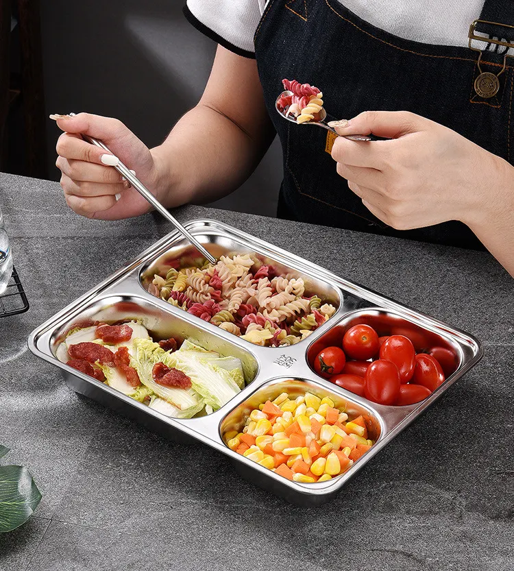 Bandeja de comida de acero inoxidable, bandeja de 4/5 compartimentos, fiambrera de cena dividida para niños en edad escolar