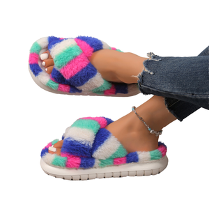 Pantuflas de Piel Cruzada con Rayas de Siete Colores para Mujer, Estilo Hotel, Cálidas y Modernas para Primavera, Otoño e Invierno - Product Image 3