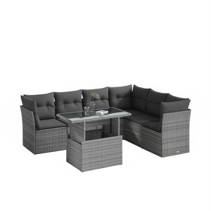 Ensemble de canapés de jardin en rotin gris, 6 places, structure en acier, plateau en verre trempé, mobilier d'extérieur, design contemporain - Product Image 1