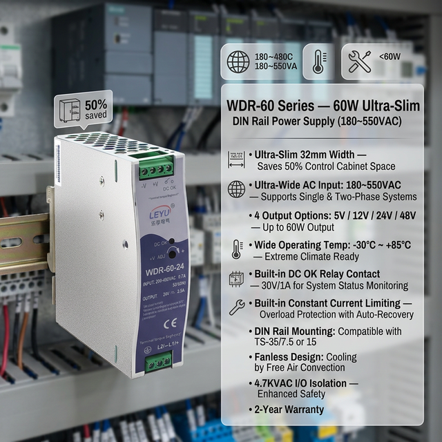 WDR-60-24 24V 2.5A Wide Input DIN Rail Switching Power Supply 180-550VAC SMPS DC OK LEYU 89% Efficiency Heavy Industry EMC Wind