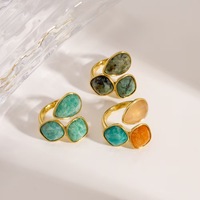 Bague en acier inoxydable avec pierres naturelles de couleur gemme, or rose, bleu paon, en forme de goutte d'eau et carrés